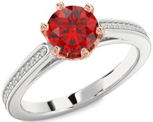 Diamond Ruby Silver & 10K Rose Gold Round Solitaire Pave Engagement Ring