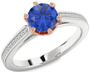 Diamond Blue Sapphire White Rose Gold Round Solitaire Pave Engagement Ring