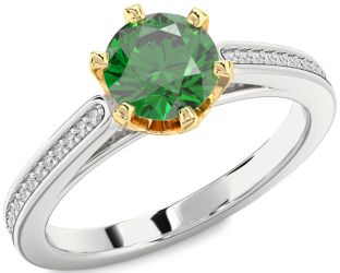 Diamond Emerald Silver & 10K gold Round Solitaire Pave Engagement Ring
