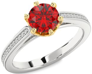 Diamond Ruby Silver & 10K gold Round Solitaire Pave Engagement Ring