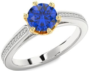 Diamond Blue Sapphire Silver & 10K gold Round Solitaire Pave Engagement Ring