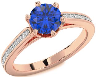 Diamond Blue Sapphire Rose Gold Round Solitaire Pave Engagement Ring