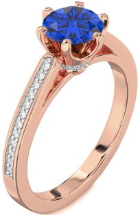 Diamond Blue Sapphire Rose Gold Round Solitaire Pave Engagement Ring