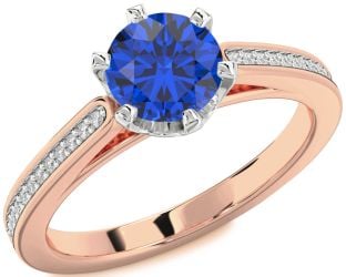 Diamond Blue Sapphire White Rose Gold Round Solitaire Pave Engagement Ring
