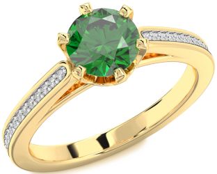 Diamond Emerald Gold Round Solitaire Pave Engagement Ring