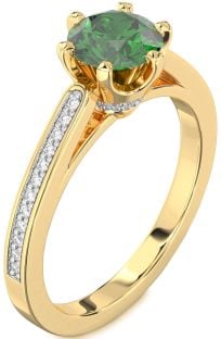 Diamond Emerald Gold Round Solitaire Pave Engagement Ring