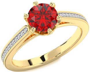Diamond Ruby Gold Round Solitaire Pave Engagement Ring