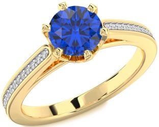 Diamond Blue Sapphire Gold Round Solitaire Pave Engagement Ring