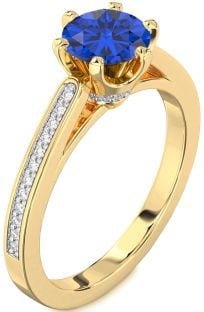 Diamond Blue Sapphire Gold Round Solitaire Pave Engagement Ring