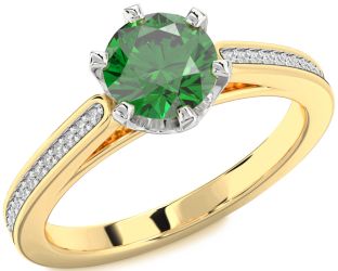 Diamond Emerald Platinum & Yellow Gold Round Solitaire Pave Engagement Ring