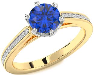 Diamond Blue Sapphire White Yellow Gold Round Solitaire Pave Engagement Ring