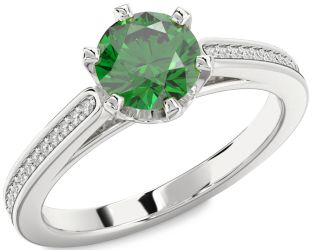 Diamond Emerald Platinum Round Solitaire Pave Engagement Ring