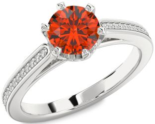 Diamond Fire Opal Silver Round Solitaire Pave Engagement Ring