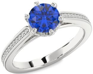 Diamond Blue Sapphire White Gold Round Solitaire Pave Engagement Ring