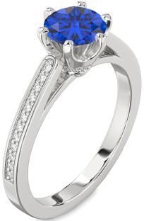 Diamond Blue Sapphire Silver Round Solitaire Pave Engagement Ring