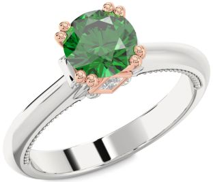 Diamond Emerald Silver & 10K Rose Gold Round Solitaire Engagement Ring