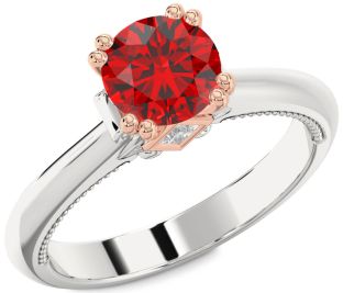 Diamond Ruby Silver & 10K Rose Gold Round Solitaire Engagement Ring