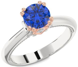 Diamond Blue Sapphire White Rose Gold Round Solitaire Engagement Ring
