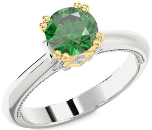 Diamond Emerald Silver & 10K gold Round Solitaire Engagement Ring