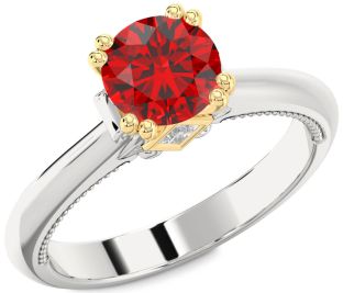 Diamond Ruby Silver & 10K gold Round Solitaire Engagement Ring