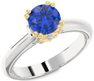 Diamond Blue Sapphire Silver & 10K gold Round Solitaire Engagement Ring