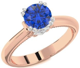 Diamond Blue Sapphire White Rose Gold Round Solitaire Engagement Ring