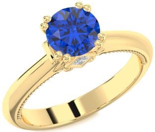 Diamond Blue Sapphire Gold Round Solitaire Engagement Ring