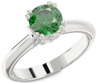 Diamond Emerald Platinum Round Solitaire Engagement Ring