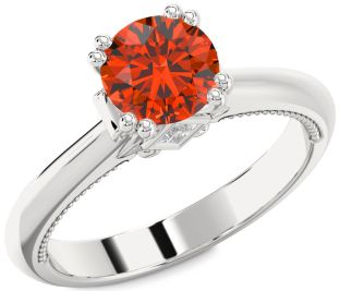 Diamond Fire Opal Silver Round Solitaire Engagement Ring