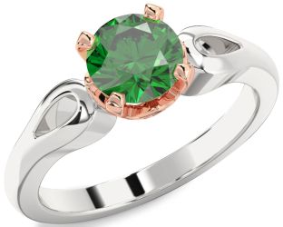 Emerald Silver & 10K Rose Gold Round Solitaire Engagement Ring