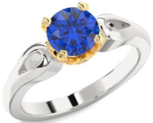 Blue Sapphire Silver & 10K gold Round Solitaire Engagement Ring