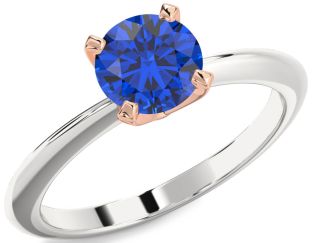 Blue Sapphire White Rose Gold Round Solitaire Engagement Ring