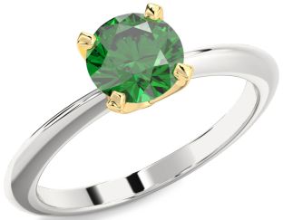 Emerald Silver & 10K gold Round Solitaire Engagement Ring