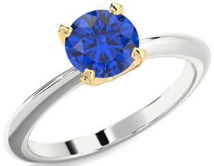 Blue Sapphire Silver & 10K gold Round Solitaire Engagement Ring