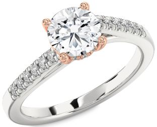 Diamond Silver & 10K Rose Gold Round Solitaire Pave Engagement Ring