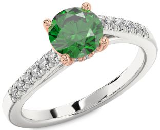 Diamond Emerald Silver & 10K Rose Gold Round Solitaire Pave Engagement Ring