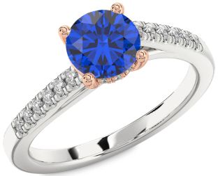 Diamond Blue Sapphire Rose Gold Silver Round Solitaire Pave Engagement Ring