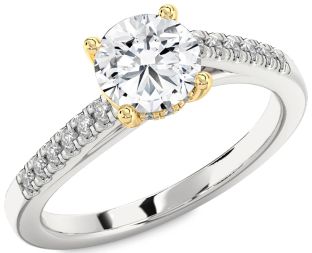 Diamond Silver & 10K gold Round Solitaire Pave Engagement Ring