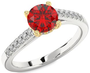 Diamond Ruby Silver & 10K gold Round Solitaire Pave Engagement Ring