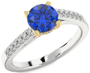 Diamond Blue Sapphire Gold Silver Round Solitaire Pave Engagement Ring