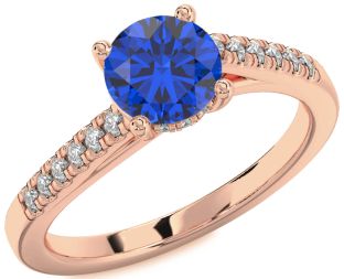Diamond Blue Sapphire Rose Gold Silver Round Solitaire Pave Engagement Ring