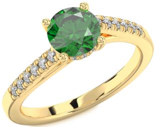 Diamond Emerald Gold Round Solitaire Pave Engagement Ring