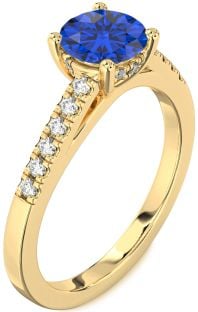 Diamond Blue Sapphire Gold Round Solitaire Engagement Ring