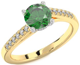 Diamond Emerald White Yellow Gold Round Solitaire Pave Engagement Ring