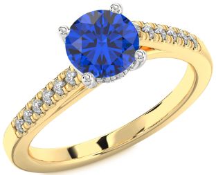 Diamond Blue Sapphire Gold Silver Round Solitaire Pave Engagement Ring