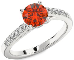 Diamond Fire Opal Silver Round Solitaire Engagement Ring