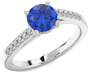 Diamond Blue Sapphire Silver Round Solitaire Pave Engagement Ring