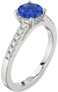 Diamond Blue Sapphire Silver Round Solitaire Engagement Ring