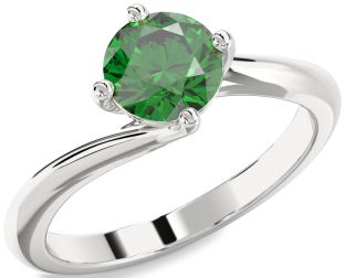 Emerald Silver Round Solitaire Engagement Ring
