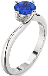 Blue Sapphire Silver Round Solitaire Engagement Ring
